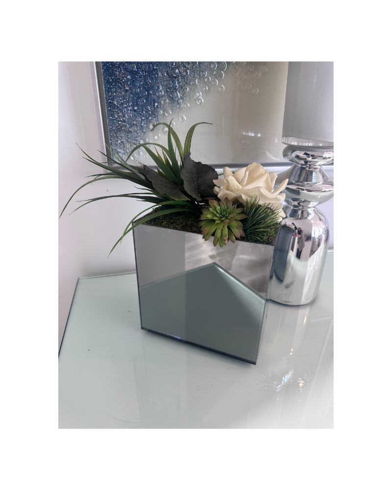 Rose and Greenery in Mirrored Box - Silver