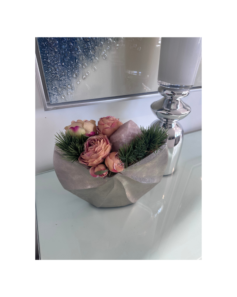 Pink Roses and Rose Quartz in Moon Bowl - Silver