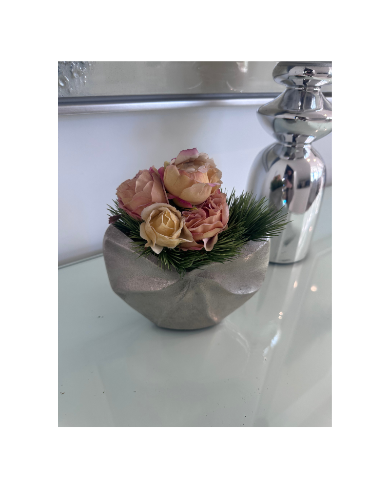Mini Pink Roses in Moon Bowl - Silver